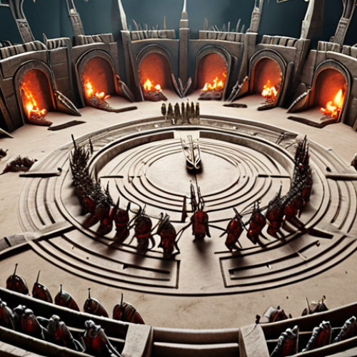 Home 15 Ares Arena battle scene: agile archers and heavily armored warriors clashing in a labyrinthine arena filled with traps and hiding spots. Focus on the strategic use of the environment.