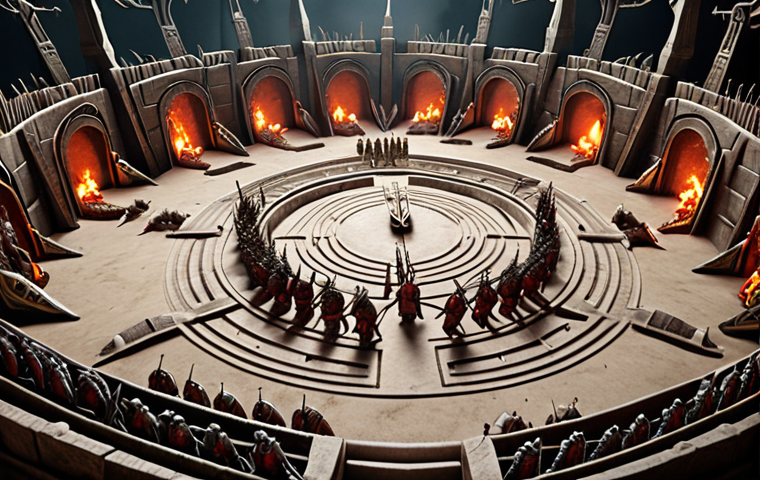Ares Arena battle scene: agile archers and heavily armored warriors clashing in a labyrinthine arena filled with traps and hiding spots. Focus on the strategic use of the environment.