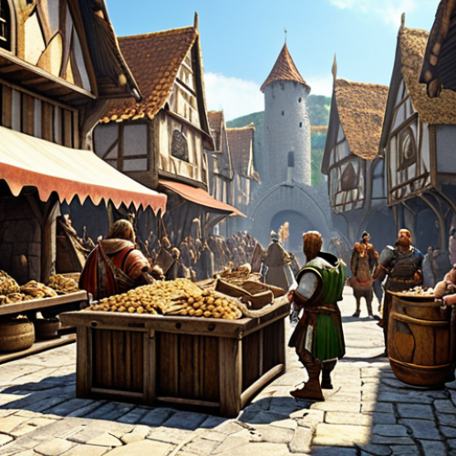 Home 14 **
A bustling marketplace in a fantasy kingdom, with traders haggling over prices for ore, wood, and stone. The scene should be vibrant and detailed, showcasing the economic activity and trade dynamics within the game world of Ares. Focus on realistic details of a medieval economy, but with a fantasy twist.
**