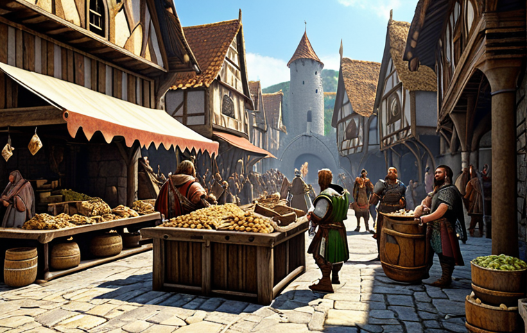 **

A bustling marketplace in a fantasy kingdom, with traders haggling over prices for ore, wood, and stone. The scene should be vibrant and detailed, showcasing the economic activity and trade dynamics within the game world of Ares. Focus on realistic details of a medieval economy, but with a fantasy twist.

**