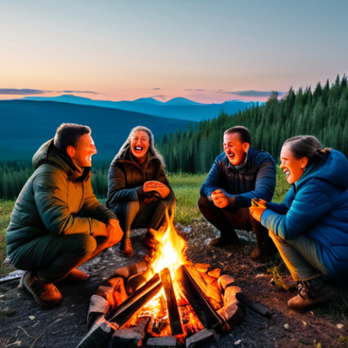 Home 7 A close-knit group of friends laughing and sharing stories around a crackling campfire in the Ural Mountains at sunset, fully clothed in warm, outdoor gear. The scene evokes a sense of camaraderie and adventure, with the Russian wilderness as a stunning backdrop. Safe for work, appropriate content, family-friendly, professional photo.