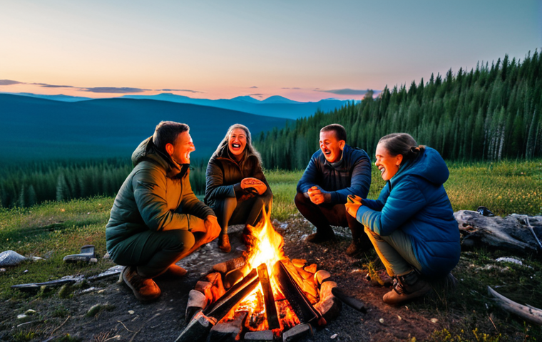 A close-knit group of friends laughing and sharing stories around a crackling campfire in the Ural Mountains at sunset, fully clothed in warm, outdoor gear. The scene evokes a sense of camaraderie and adventure, with the Russian wilderness as a stunning backdrop. Safe for work, appropriate content, family-friendly, professional photo.