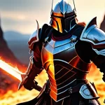 아레스 세트 아이템 조합법 - A powerful male warrior, embodying an "Aggressive Damage" build, stands in a dynamic, ready-to-strik...