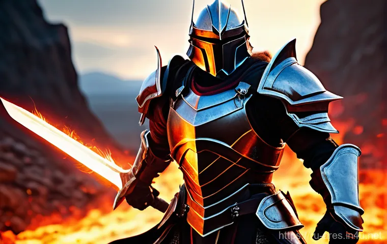 아레스 세트 아이템 조합법 - A powerful male warrior, embodying an "Aggressive Damage" build, stands in a dynamic, ready-to-strik...