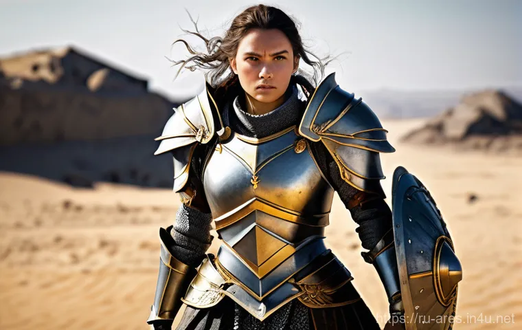 아레스 세트 아이템 조합법 - A powerful male warrior, embodying an "Aggressive Damage" build, stands in a dynamic, ready-to-strik...