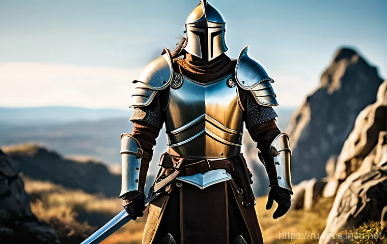 아레스 세트 아이템 조합법 - A formidable female warrior, representing a "Defensive Tank" build, stands steadfast and unyielding ...