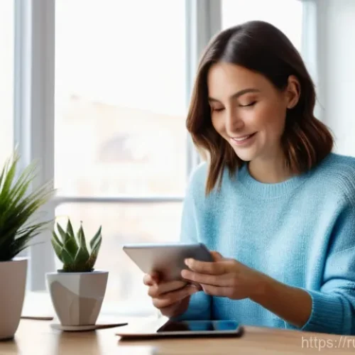 아레스 이벤트 캘린더 - A young woman (early 30s, with stylish, shoulder-length brown hair and subtle makeup) sits comfortab...