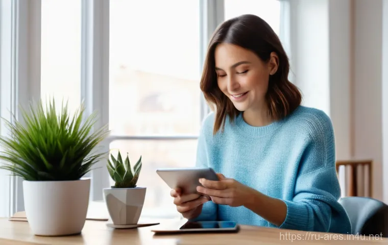 아레스 이벤트 캘린더 - A young woman (early 30s, with stylish, shoulder-length brown hair and subtle makeup) sits comfortab...