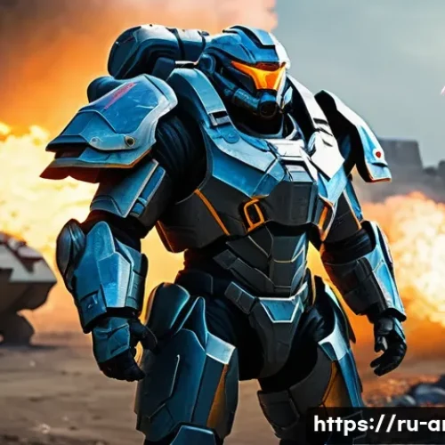 아레스 라이즈오브가디언즈 직업 티어 - A heroic tank character in futuristic heavy armor, standing in a battle-ready pose on a war-torn bat...