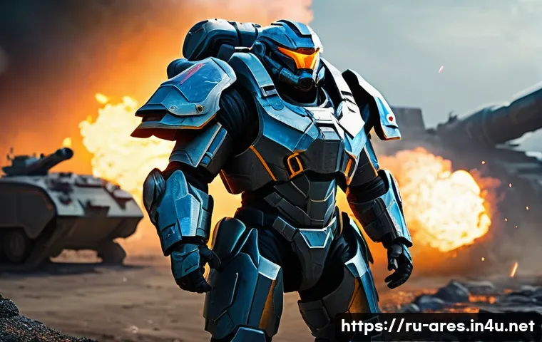 아레스 라이즈오브가디언즈 직업 티어 - A heroic tank character in futuristic heavy armor, standing in a battle-ready pose on a war-torn bat...