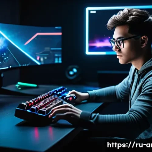 아레스 게임 키보드 단축키 - A focused gamer in a modern gaming room, sitting ergonomically at a sleek desk with a high-end mecha...
