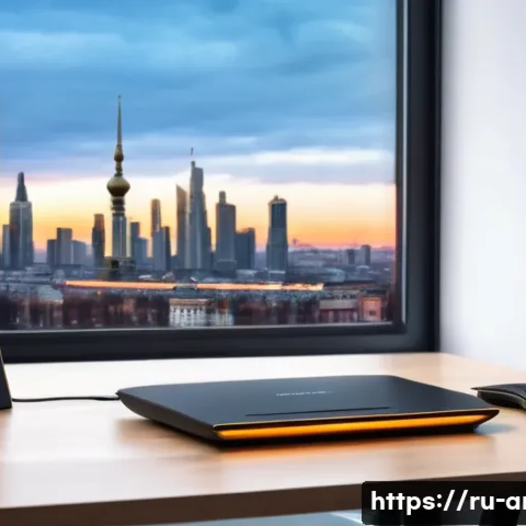 아레스 접속 방법 및 최적화 - A modern home office setup featuring a sleek router on a wooden desk beside a high-end laptop displa...