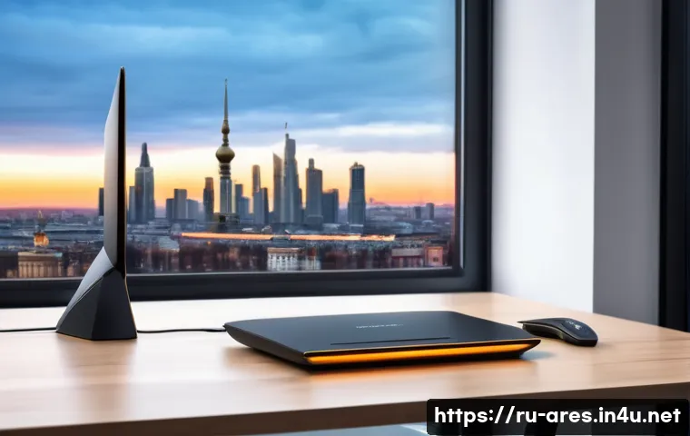 아레스 접속 방법 및 최적화 - A modern home office setup featuring a sleek router on a wooden desk beside a high-end laptop displa...