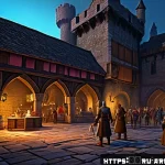 Home 21 아레스 시간 한정 아이템 - A detailed scene of a fantasy MMORPG event starting at dawn on a medieval castle courtyard, showing ...