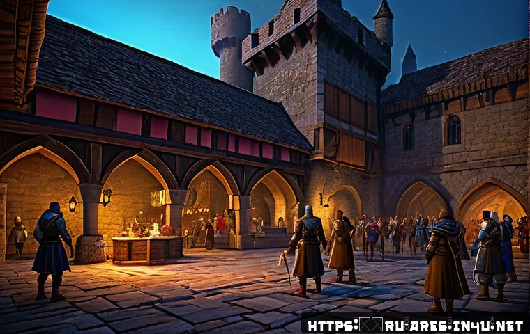 아레스 시간 한정 아이템 - A detailed scene of a fantasy MMORPG event starting at dawn on a medieval castle courtyard, showing ...