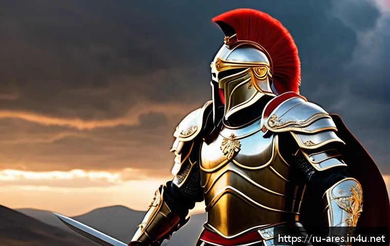 아레스 캐릭터 커스터마이징 - Ares as a classical ancient warrior standing heroically on a battlefield at dusk, wearing detailed r...