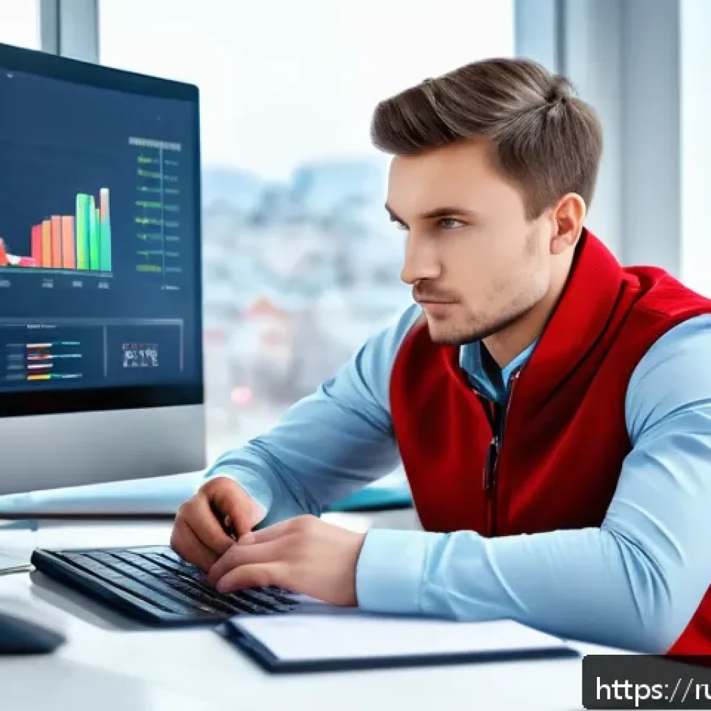 아레스 초심자 주의사항 - A modern digital marketing workspace featuring a young Russian male affiliate marketer sitting at a ...