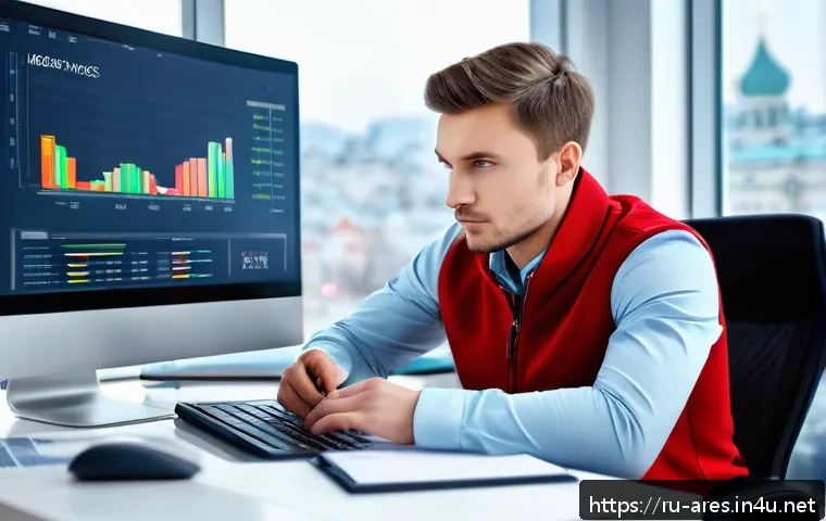 아레스 초심자 주의사항 - A modern digital marketing workspace featuring a young Russian male affiliate marketer sitting at a ...