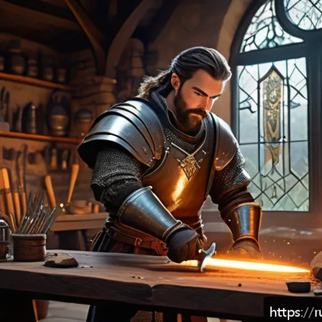 아레스 무기 강화 성공 확률 - A fantasy RPG blacksmith workshop scene, featuring a focused player character wearing leather armor ...