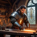Home 23 아레스 무기 강화 성공 확률 - A fantasy RPG blacksmith workshop scene, featuring a focused player character wearing leather armor ...