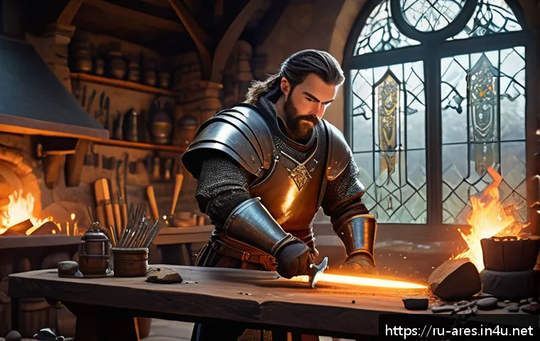 아레스 무기 강화 성공 확률 - A fantasy RPG blacksmith workshop scene, featuring a focused player character wearing leather armor ...