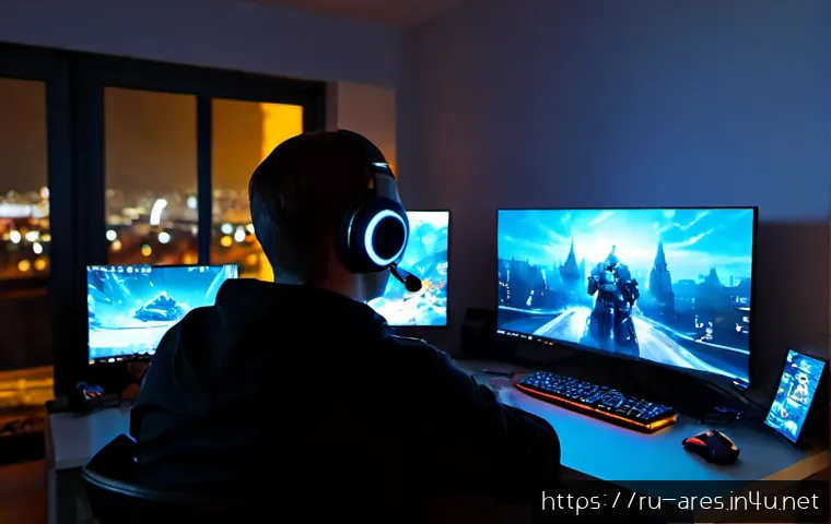 Home 17 아레스 신규 캐릭터 출시 정보 - Photorealistic Russian gaming enthusiast at a tidy home desk in Moscow, viewing a dramatic new futur...