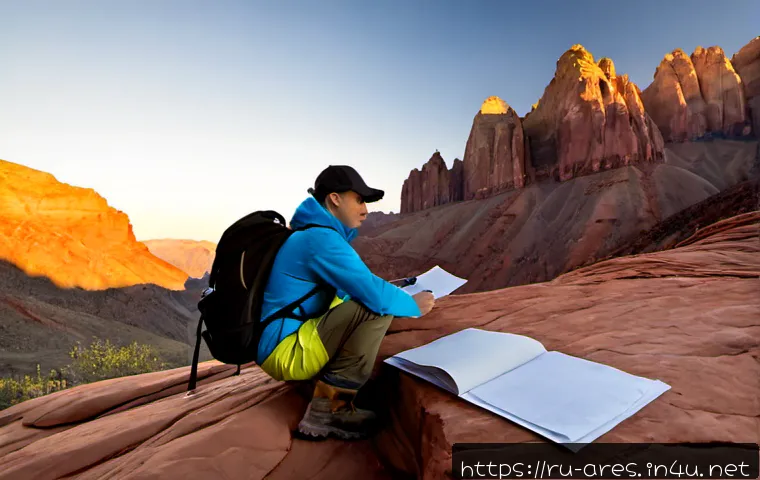 Home 17 아레스 지역 탐험 가이드 - Photorealistic wide view of a lone Russian outdoor explorer in practical hiking clothes studying a b...
