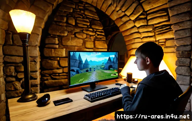 아레스 초보자 스토리 진행법 - Photorealistic gaming tutorial scene, a young Russian adult player at a tidy desk in a cozy Moscow a...